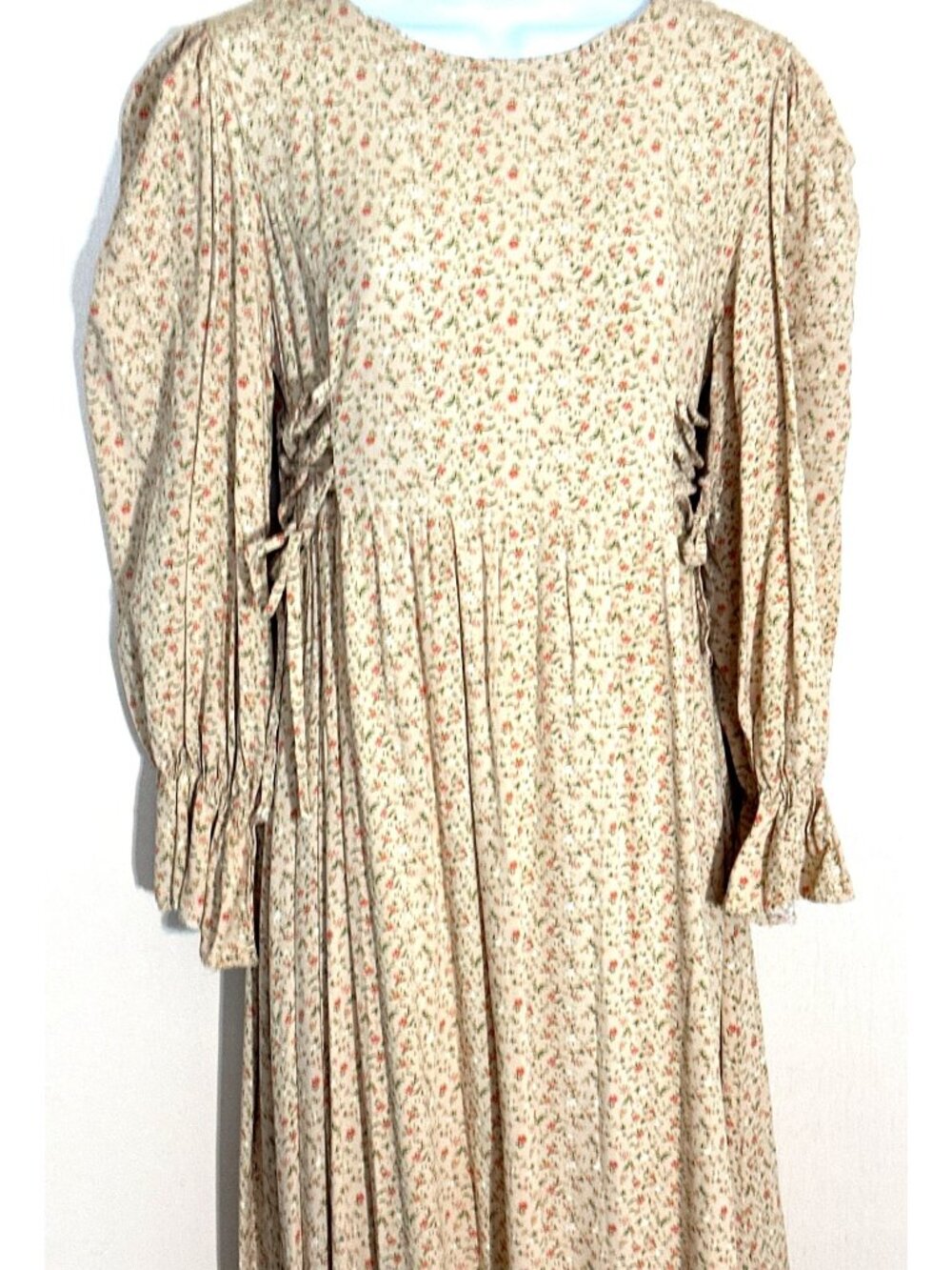 Cottage Ditsy Floral Maxi Dress Large Beige Ruffle Sleeve Side Ties Boho Prairie - Picture 2 of 10